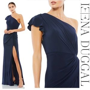 Ieena x Mac Duggal - Ruffled One Shoulder Draped Gown - Midnight Size 4